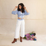White & Blue Anastazia Outfit - Knotted Top, Short Top & Pants