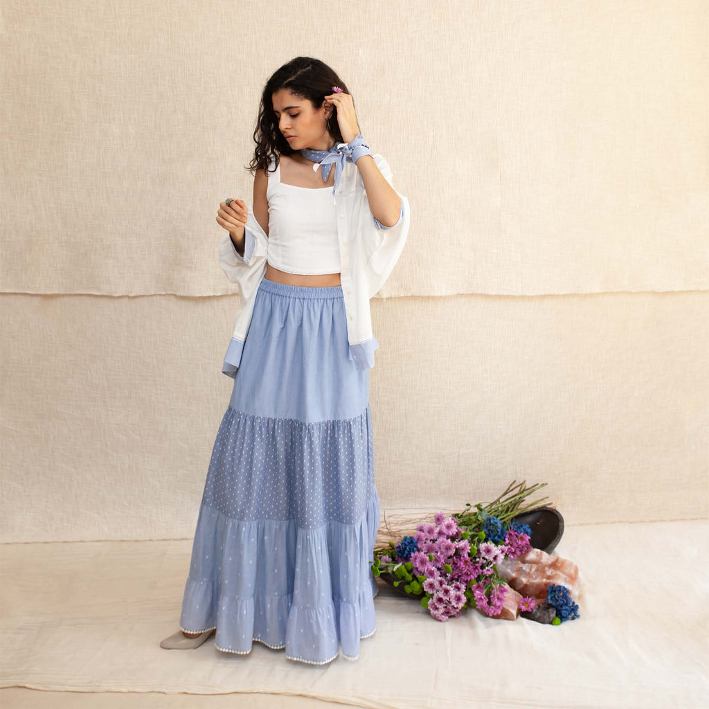 White & Blue Kirill Outfit - Shirt & Skirt – Chetna Bagga